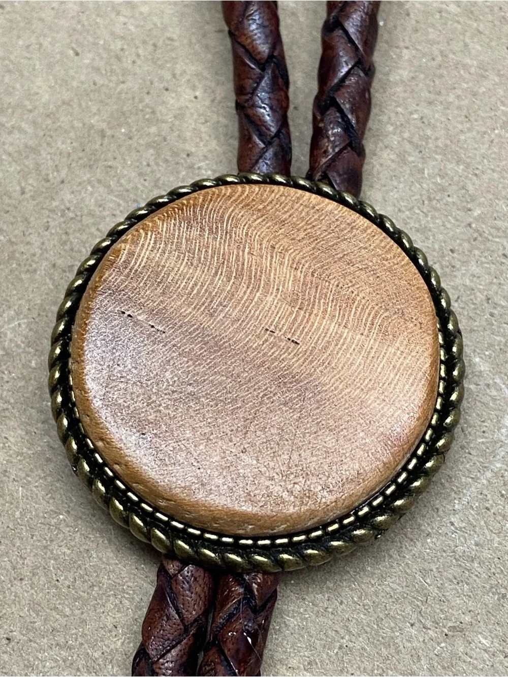 Handcrafted Brown Leather Bolo Tie with Wood Medallion